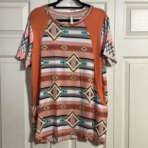 CELESTE 1XL Pink Rust Orange Gray Aztec Bohemian Chic Short Sleeve Crewneck NIB